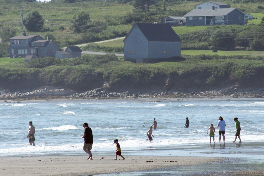 A group of people walking on the beach or swimming against a backdrop of houses on a bluff